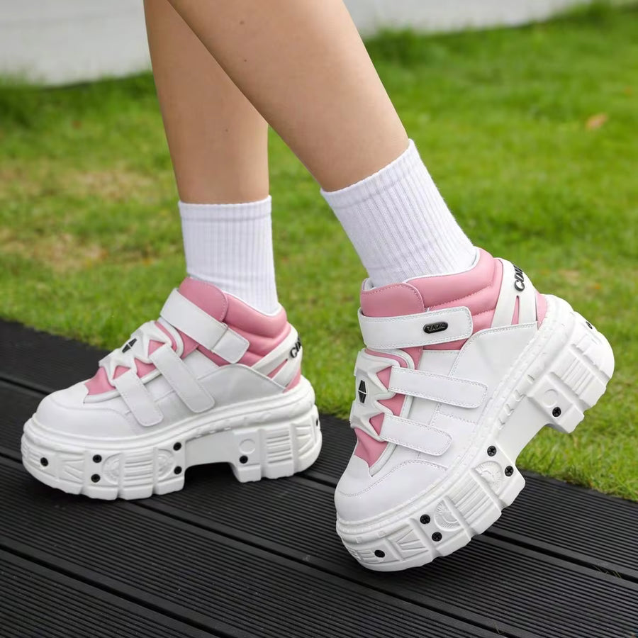Street Punk Style Cute Pink Women Sneakers Hook Loop Thick Bottom Chunky Heels Pumps Large Size Casual And Party Shoes